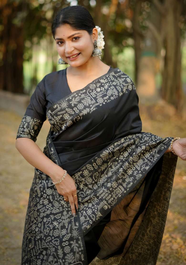 Black Printed Faux Raw Silk Saree Set for Diwali and Festive Wear - Indya