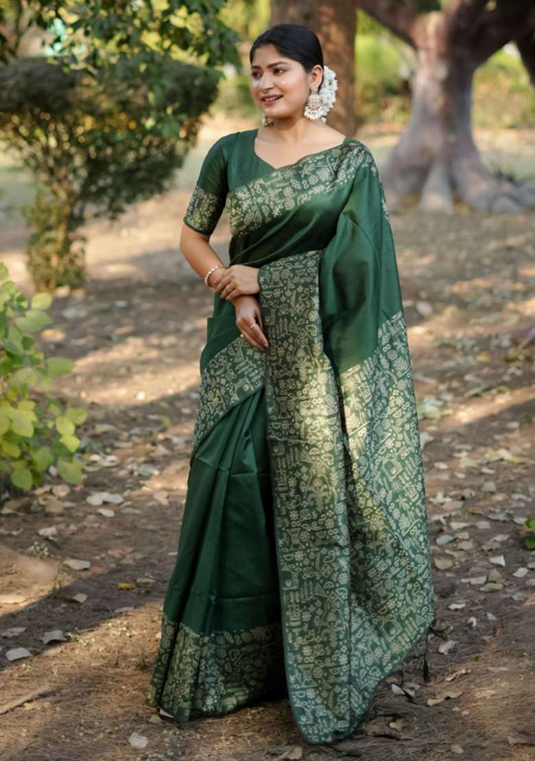 Green Printed Faux Raw Silk Saree Set for Diwali and Festive Wear - Indya