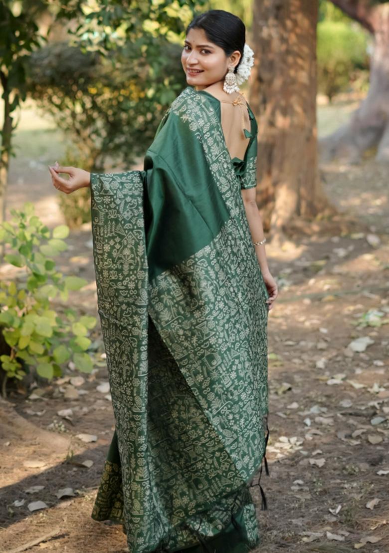 Green Printed Faux Raw Silk Saree Set - Indya