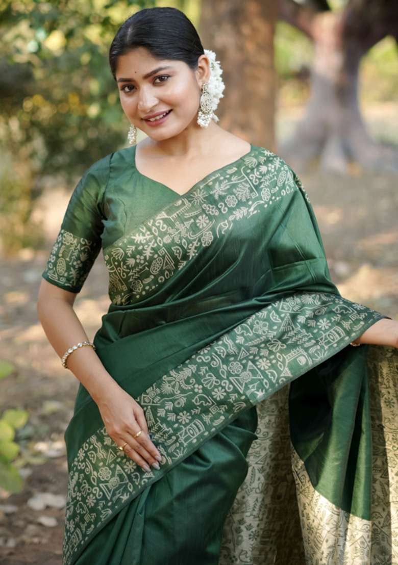 Green Printed Faux Raw Silk Saree Set for Diwali and Festive Wear - Indya