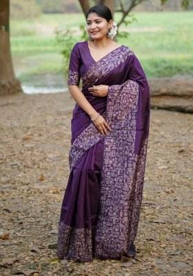 Purple Printed Faux Raw Silk Saree Set