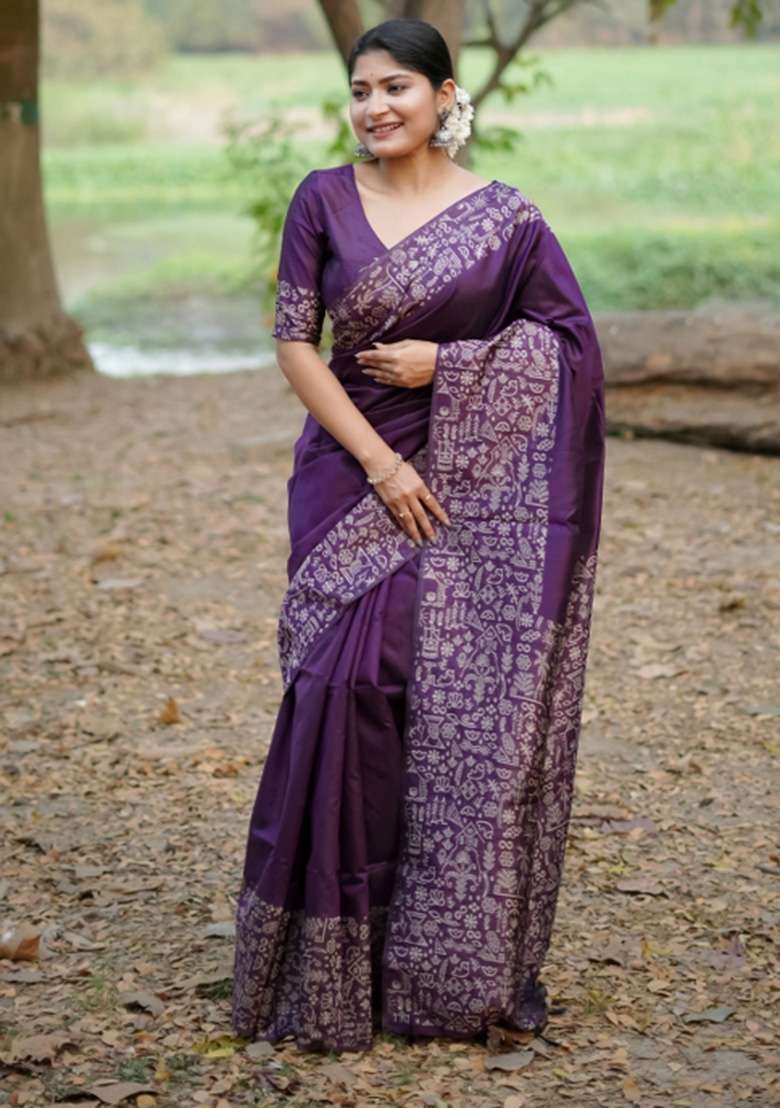 Purple Printed Faux Raw Silk Saree Set for Diwali and Festive Wear - Indya