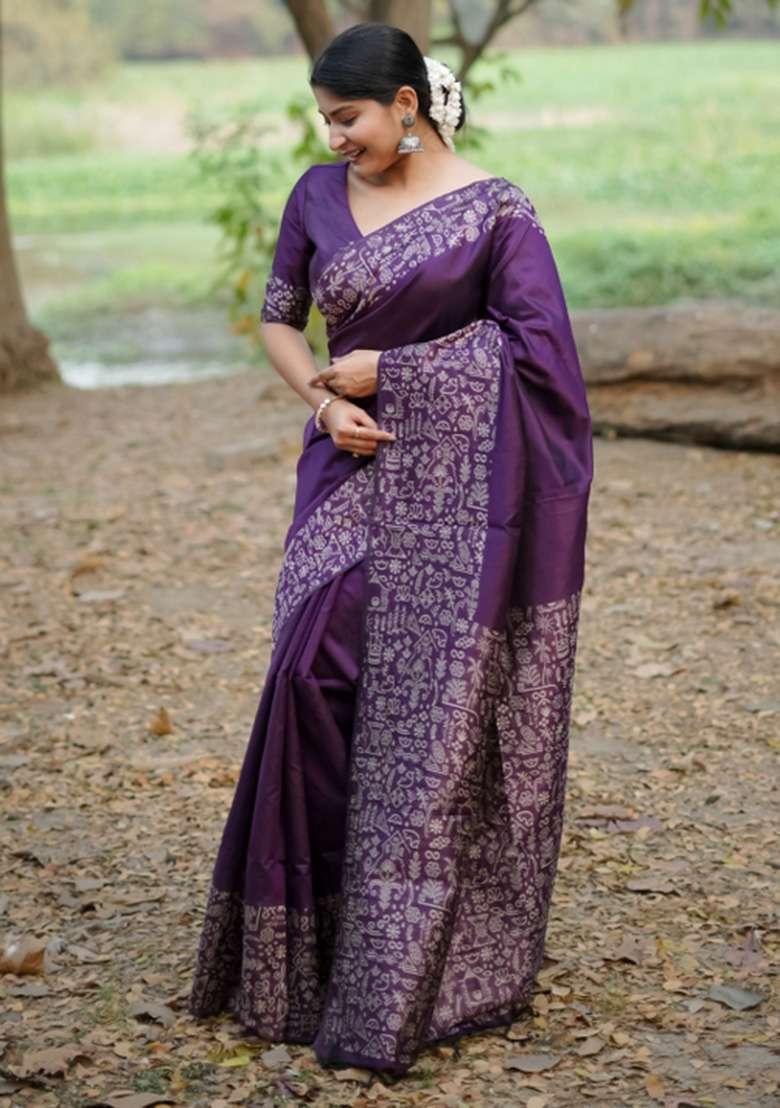 Purple Printed Faux Raw Silk Saree Set for Diwali and Festive Wear - Indya