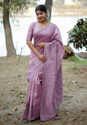Lavender Printed Faux Raw Silk Saree Set