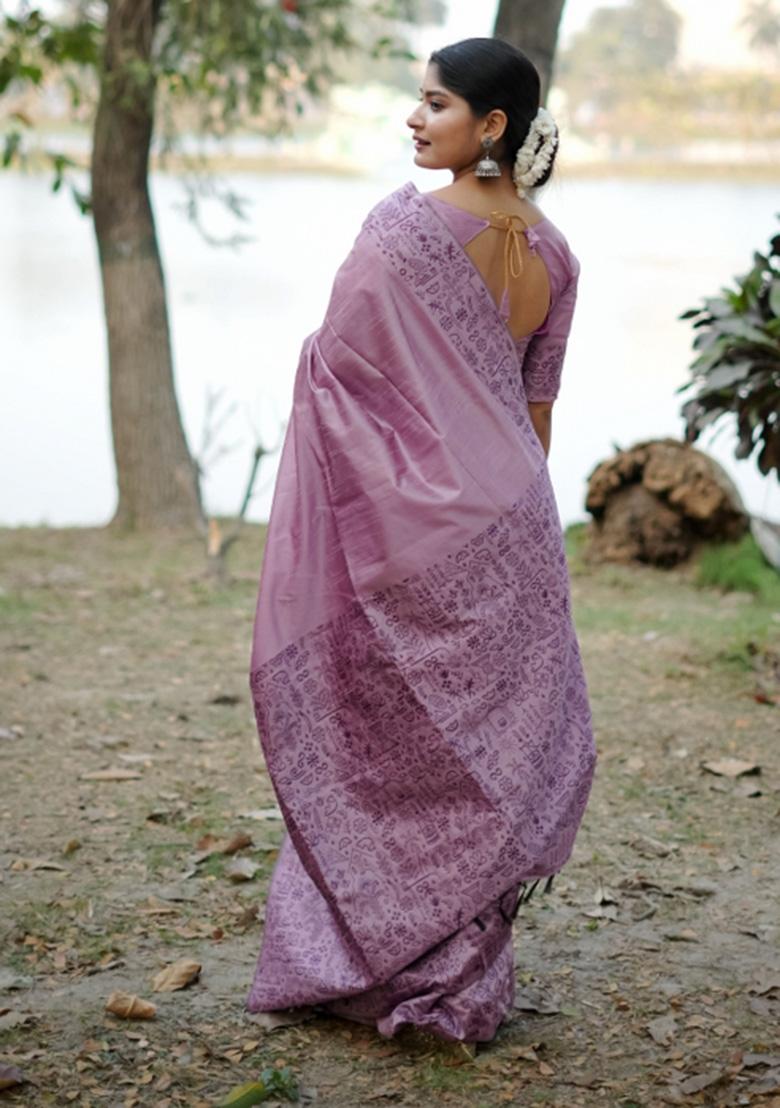 Lavender Printed Faux Raw Silk Saree Set - Indya