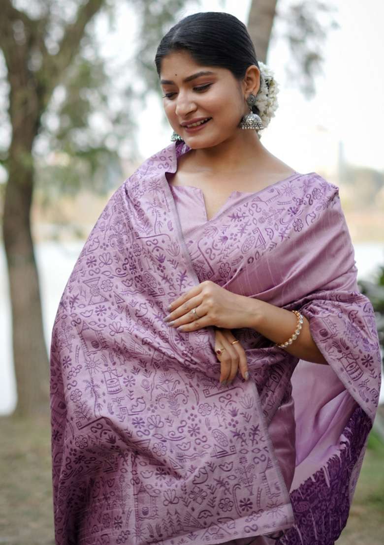 Lavender Faux Raw Silk Saree Set with Printed for Diwali | Wedding & Festive Wear - Indya