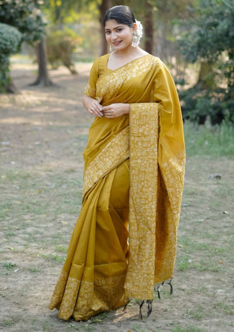 Mustard Faux Raw Silk Saree Set with Printed for Diwali | Wedding & Festive Wear - Indya
