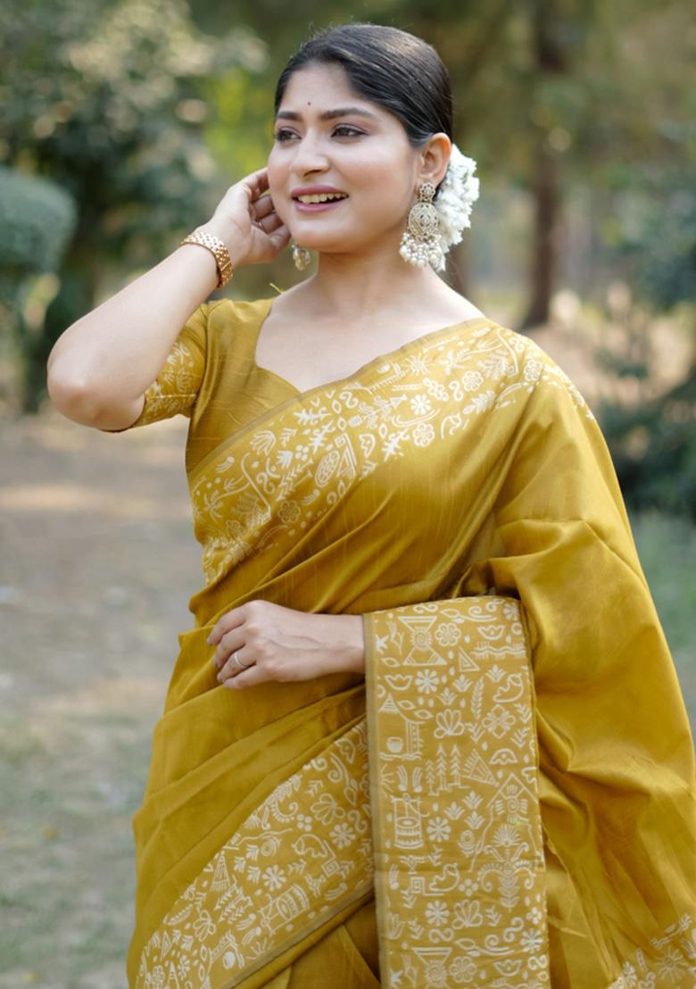 Mustard Printed Faux Raw Silk Saree Set - Indya