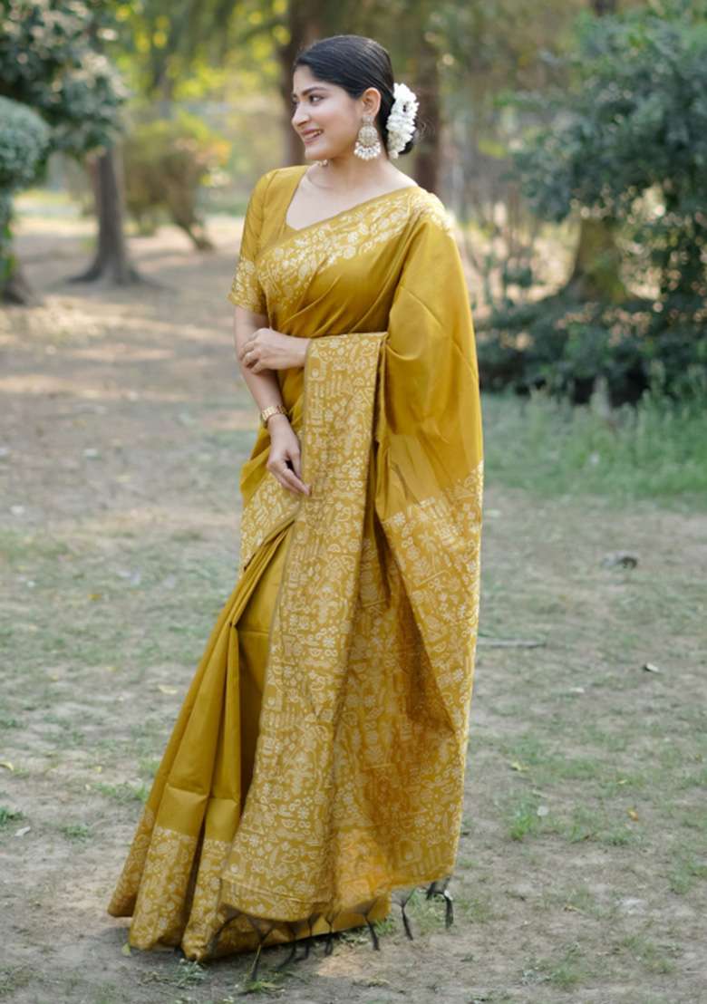 Mustard Faux Raw Silk Saree Set with Printed for Diwali | Wedding & Festive Wear - Indya