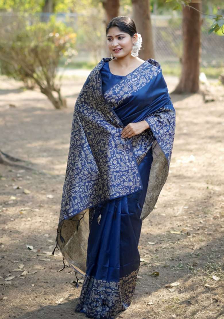 Blue Printed Faux Raw Silk Saree Set for Diwali and Festive Wear - Indya