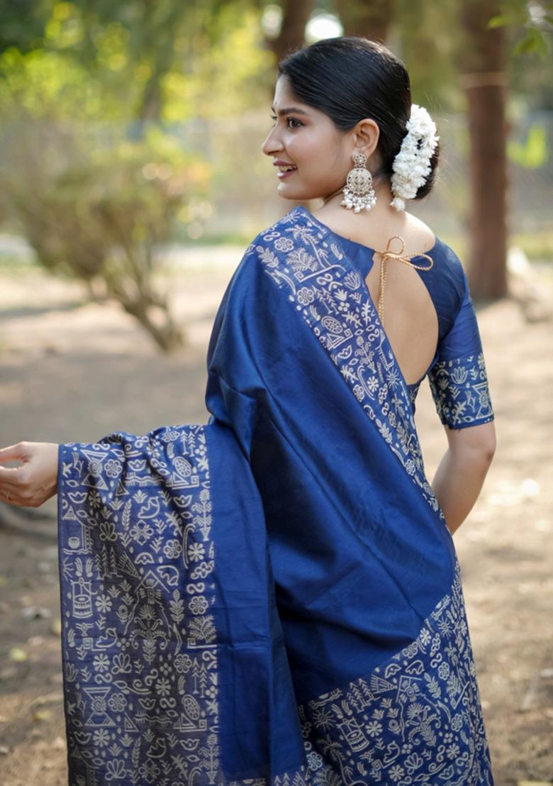 Blue Printed Faux Raw Silk Saree Set - Indya