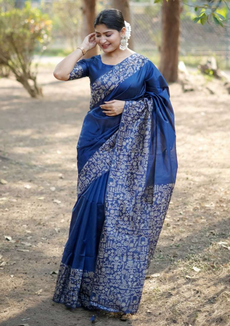 Blue Printed Faux Raw Silk Saree Set for Diwali and Festive Wear - Indya