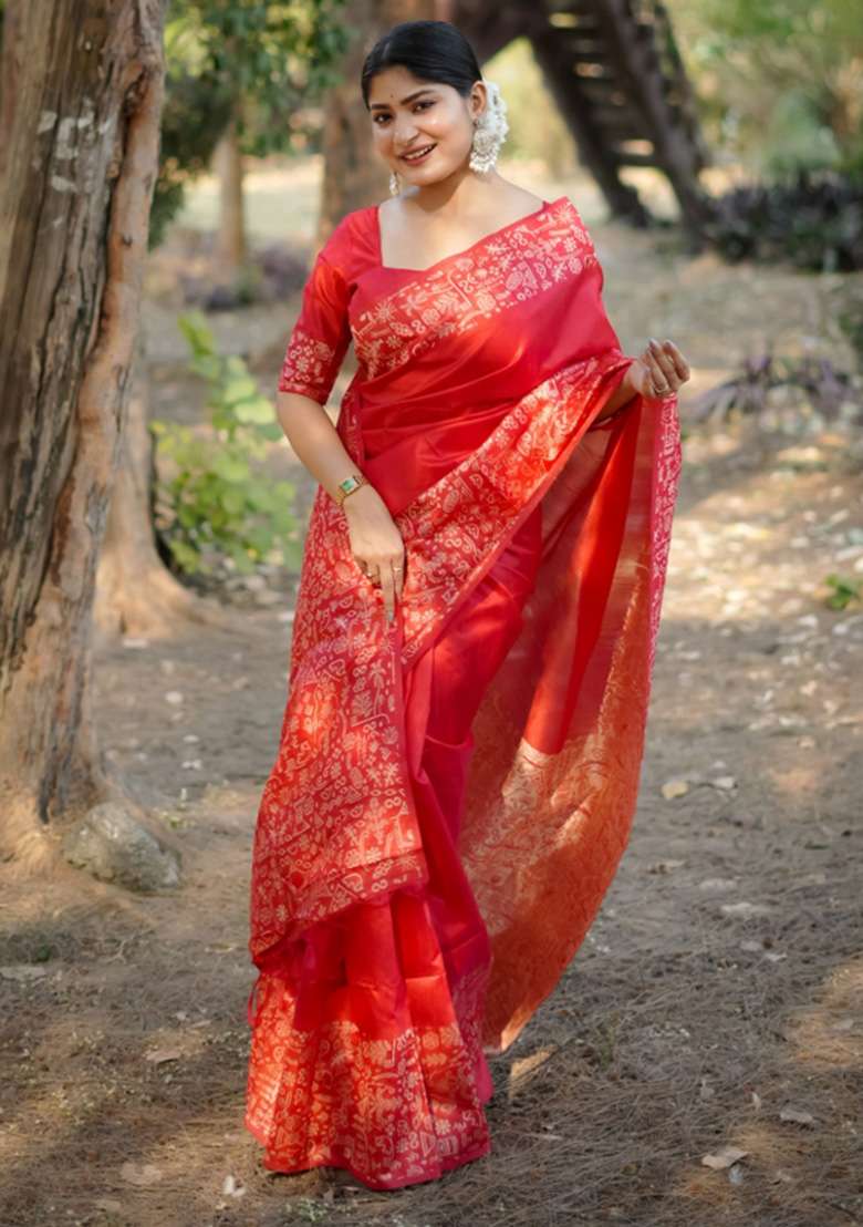 Red Printed Faux Raw Silk Saree Set for Diwali and Festive Wear - Indya
