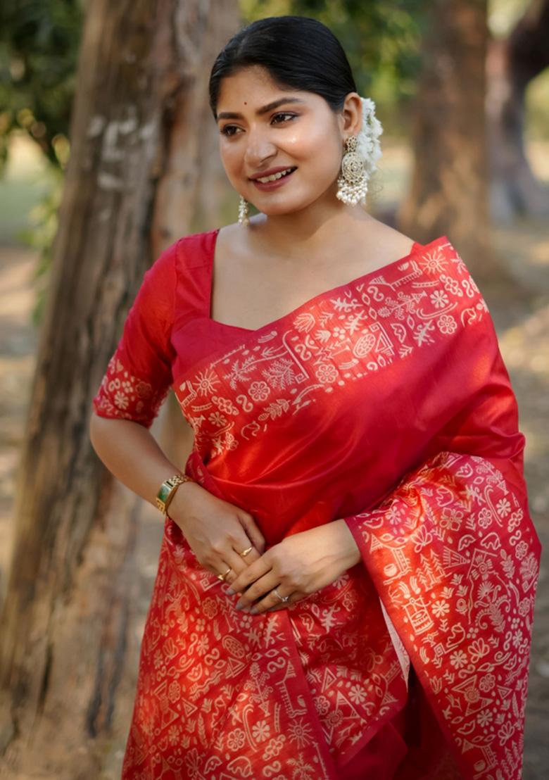 Red Printed Faux Raw Silk Saree Set - Indya