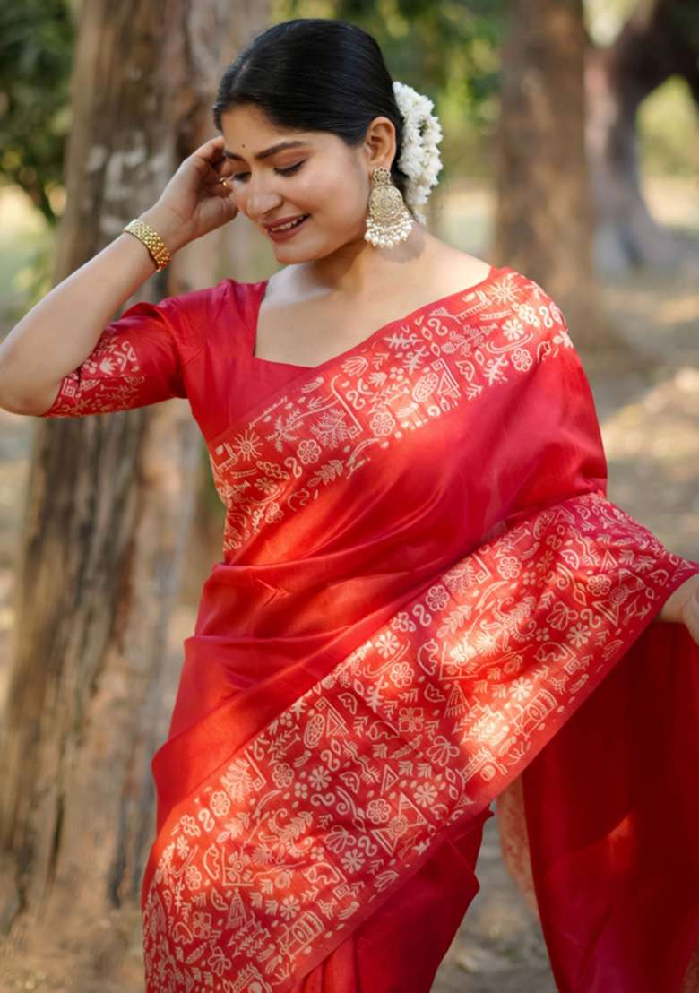 Red Printed Faux Raw Silk Saree Set for Diwali and Festive Wear - Indya