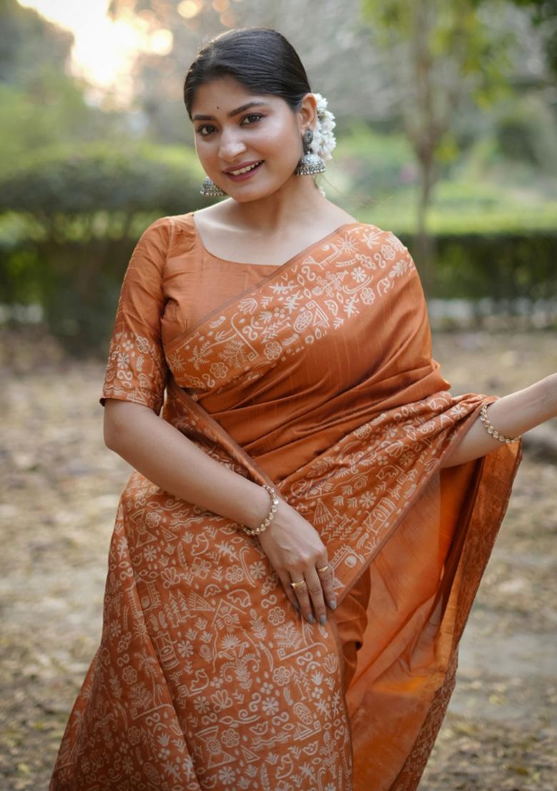 Orange Printed Faux Raw Silk Saree Set - Indya