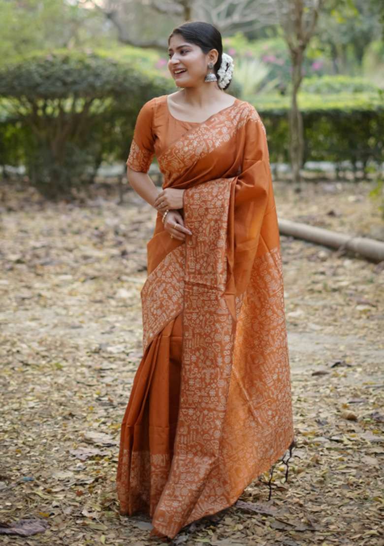 Orange Printed Faux Raw Silk Saree Set for Diwali and Festive Wear - Indya