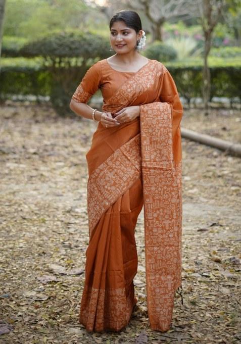 Orange Printed Faux Raw Silk Saree Set