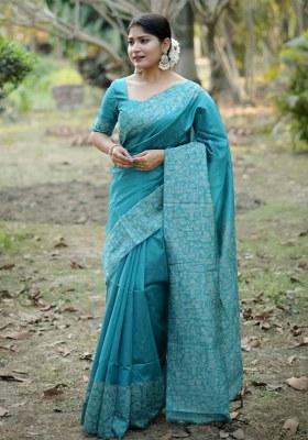 Sea Green Printed Faux Raw Silk Saree Set