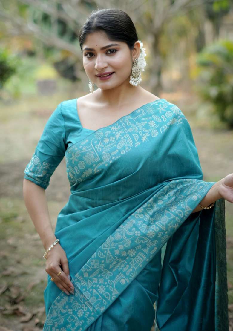 Sea Green Printed Faux Raw Silk Saree Set for Diwali and Festive Wear - Indya