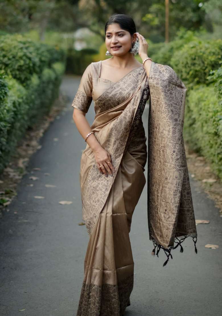 Brown Printed Faux Raw Silk Saree Set for Diwali and Festive Wear - Indya
