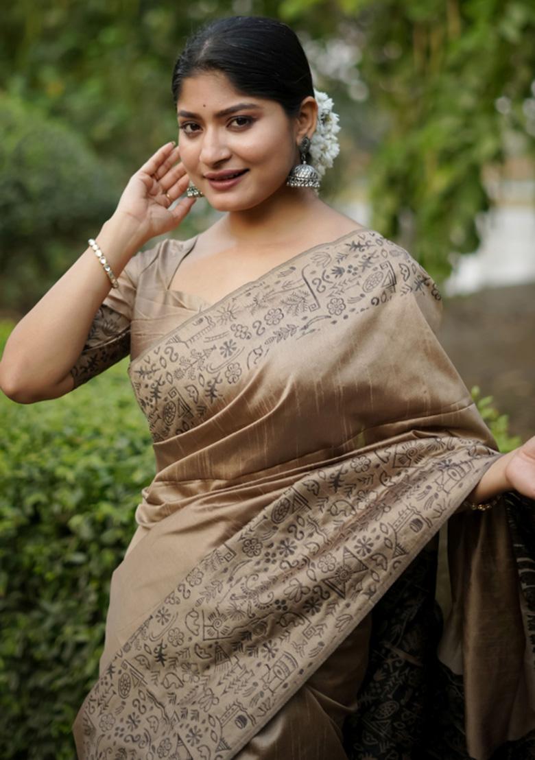 Brown Printed Faux Raw Silk Saree Set - Indya