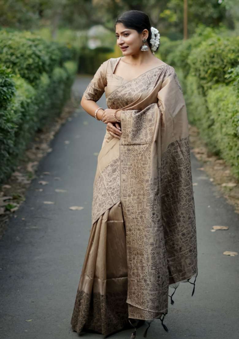 Brown Printed Faux Raw Silk Saree Set for Diwali and Festive Wear - Indya