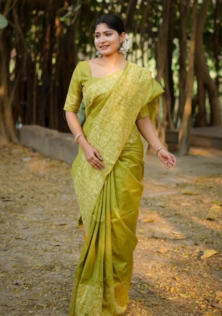 Green Printed Faux Raw Silk Saree Set - Indya