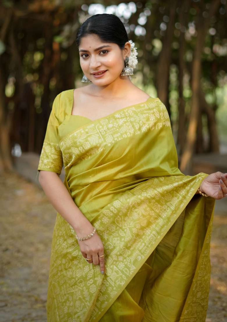 Green Printed Faux Raw Silk Saree Set for Diwali and Festive Wear - Indya