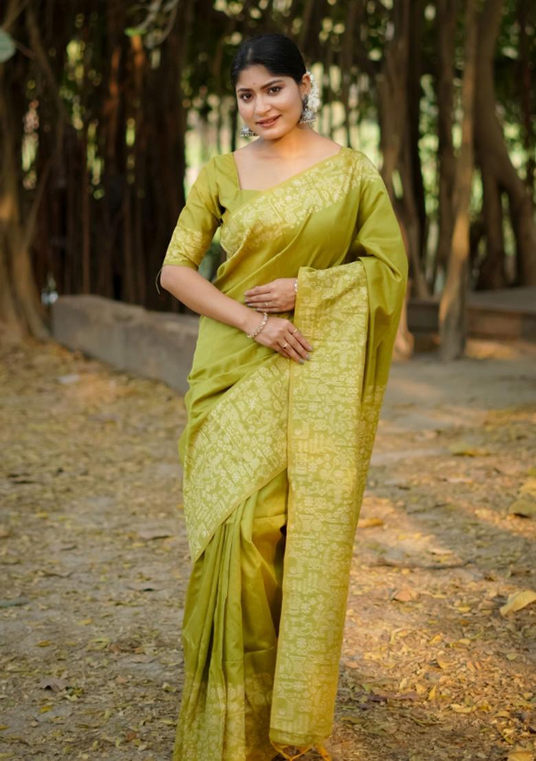 Green Printed Faux Raw Silk Saree Set - Indya