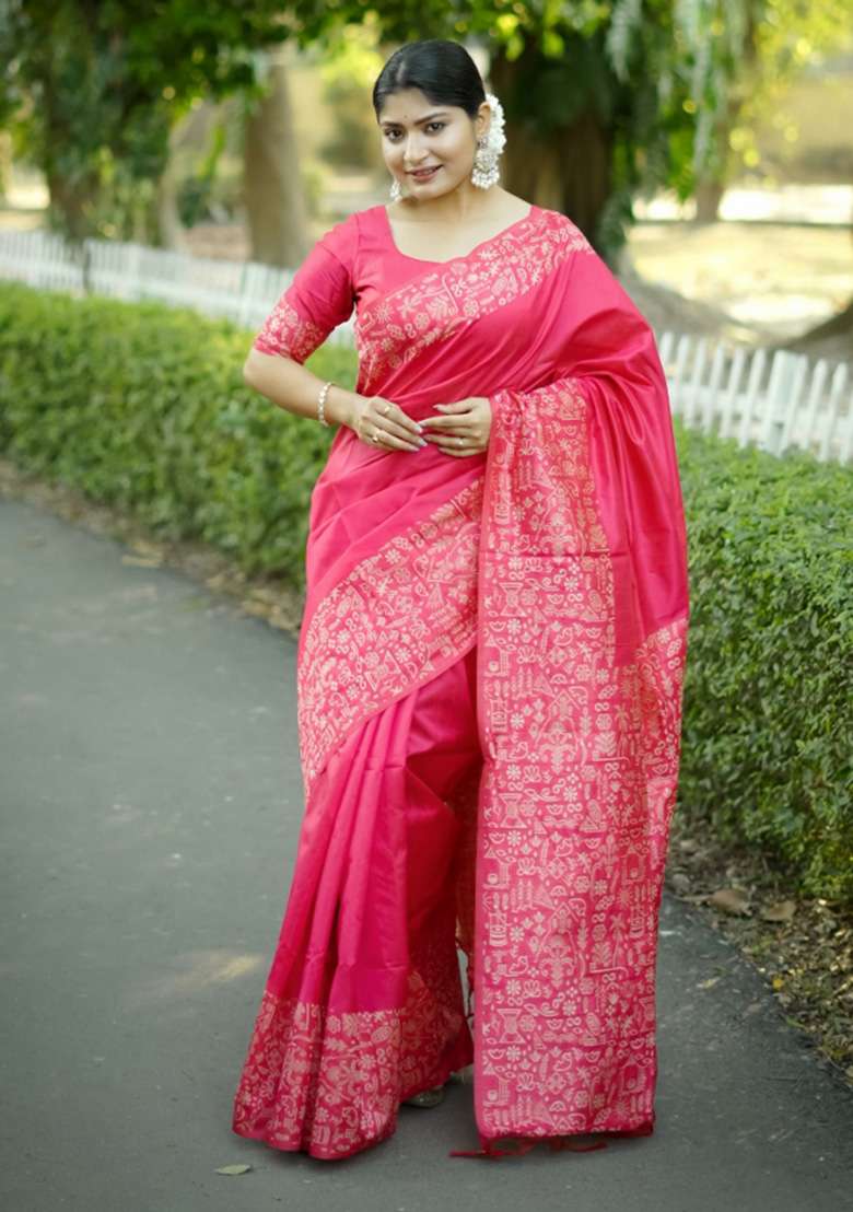 Pink Printed Faux Raw Silk Saree Set for Diwali and Festive Wear - Indya