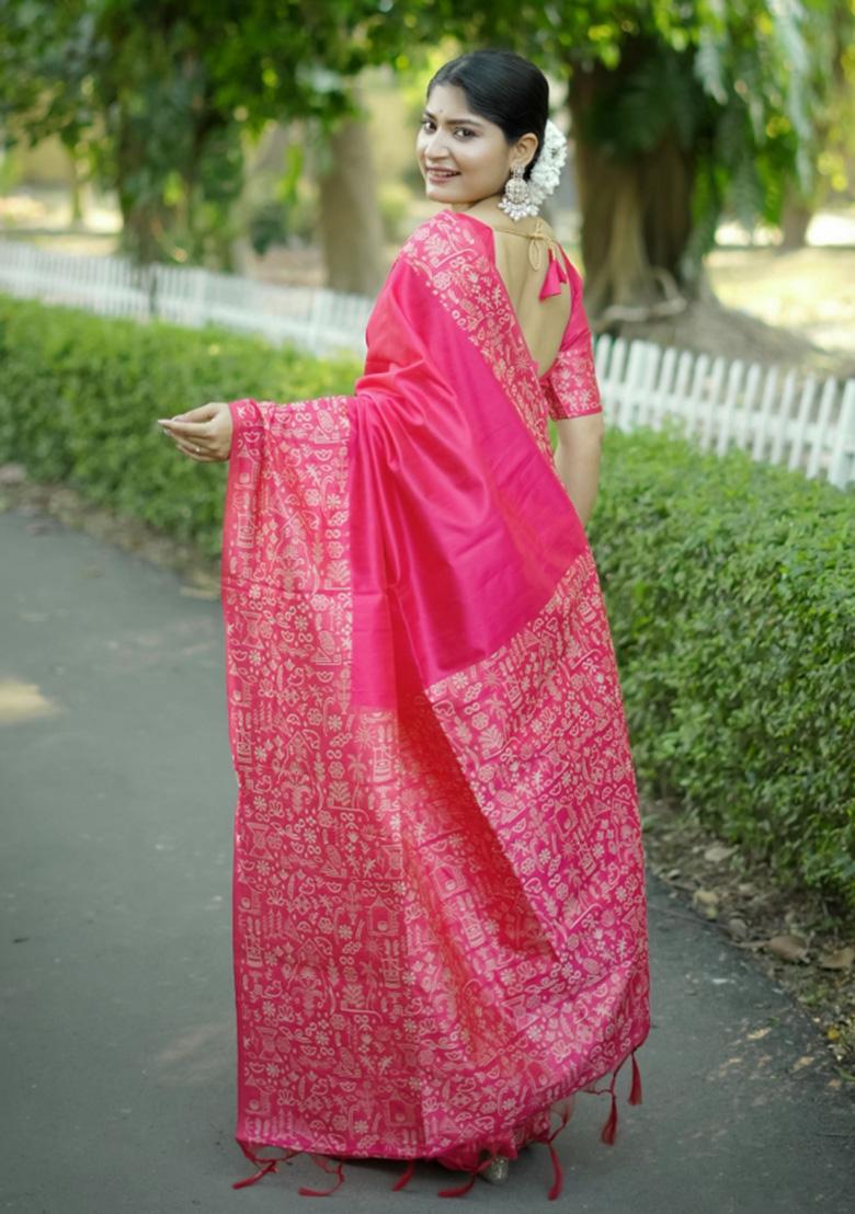 Pink Printed Faux Raw Silk Saree Set - Indya