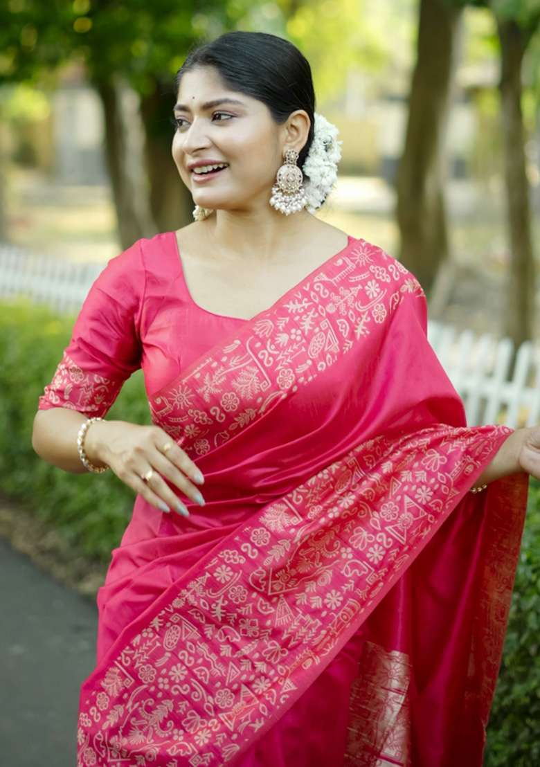 Pink Printed Faux Raw Silk Saree Set for Diwali and Festive Wear - Indya