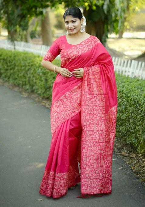 Pink Printed Faux Raw Silk Saree Set