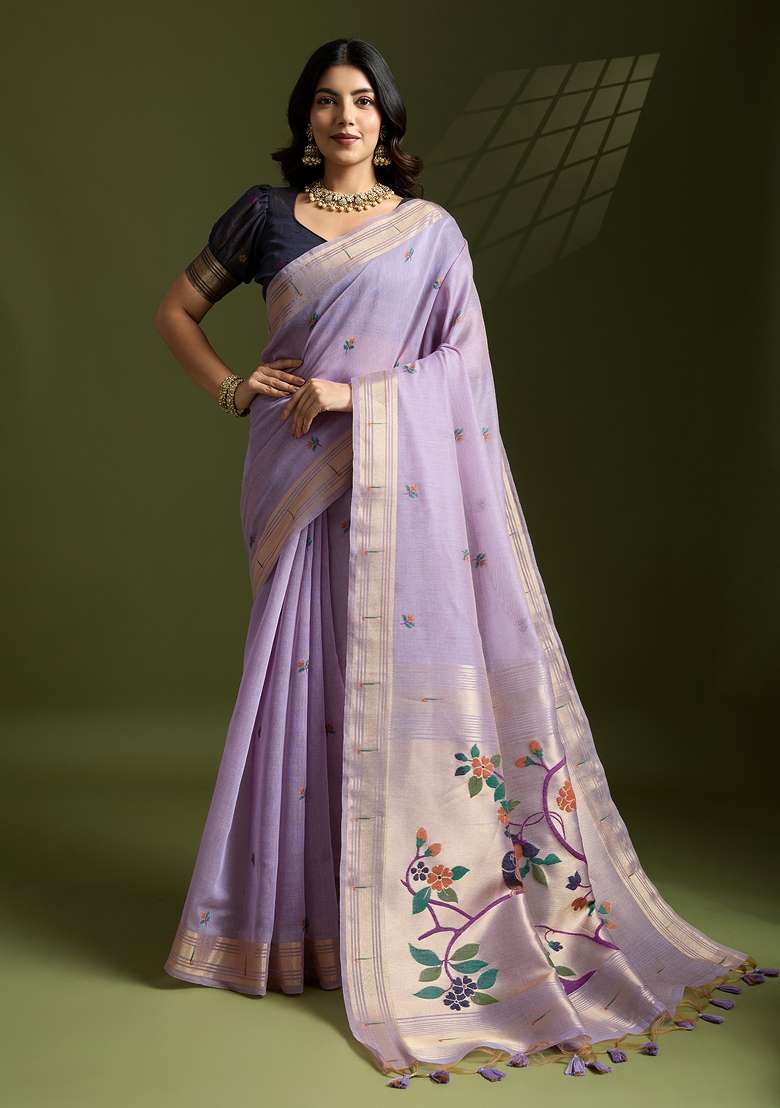 Lavender Woven Art Silk Saree Set for Diwali | Wedding & Festive Wear - Indya