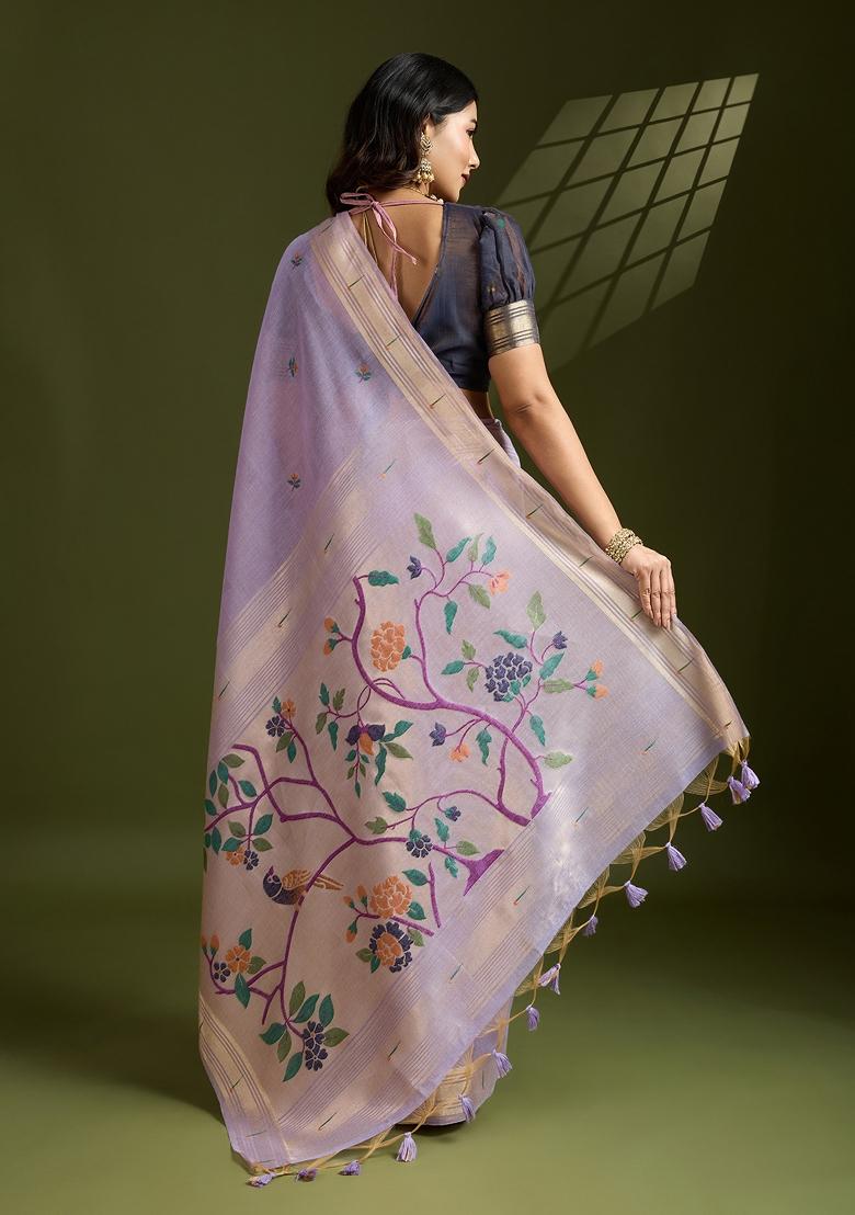 Lavender Woven Art Silk Saree Set - Indya