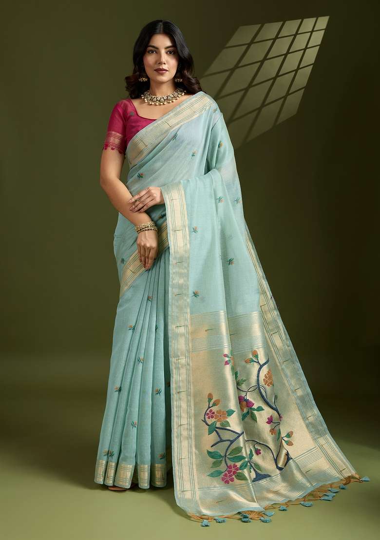 Sky Blue Woven Art Silk Saree Set for Diwali and Festive Wear - Indya