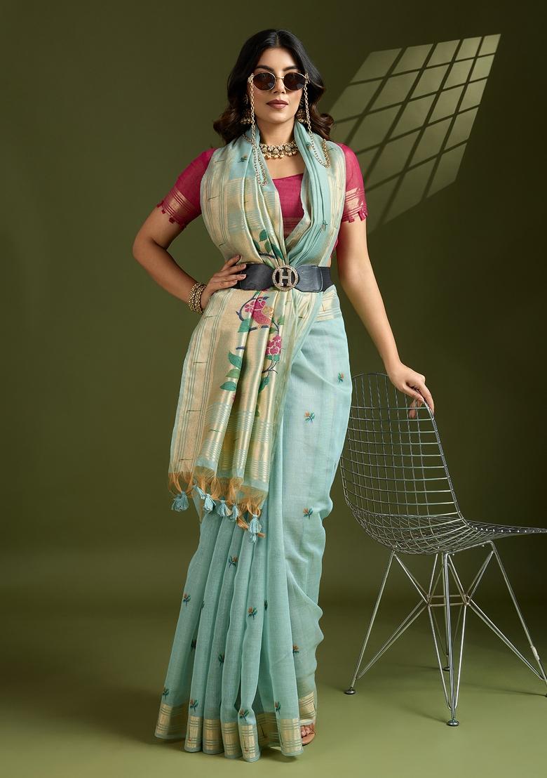 Sky Blue Woven Art Silk Saree Set - Indya