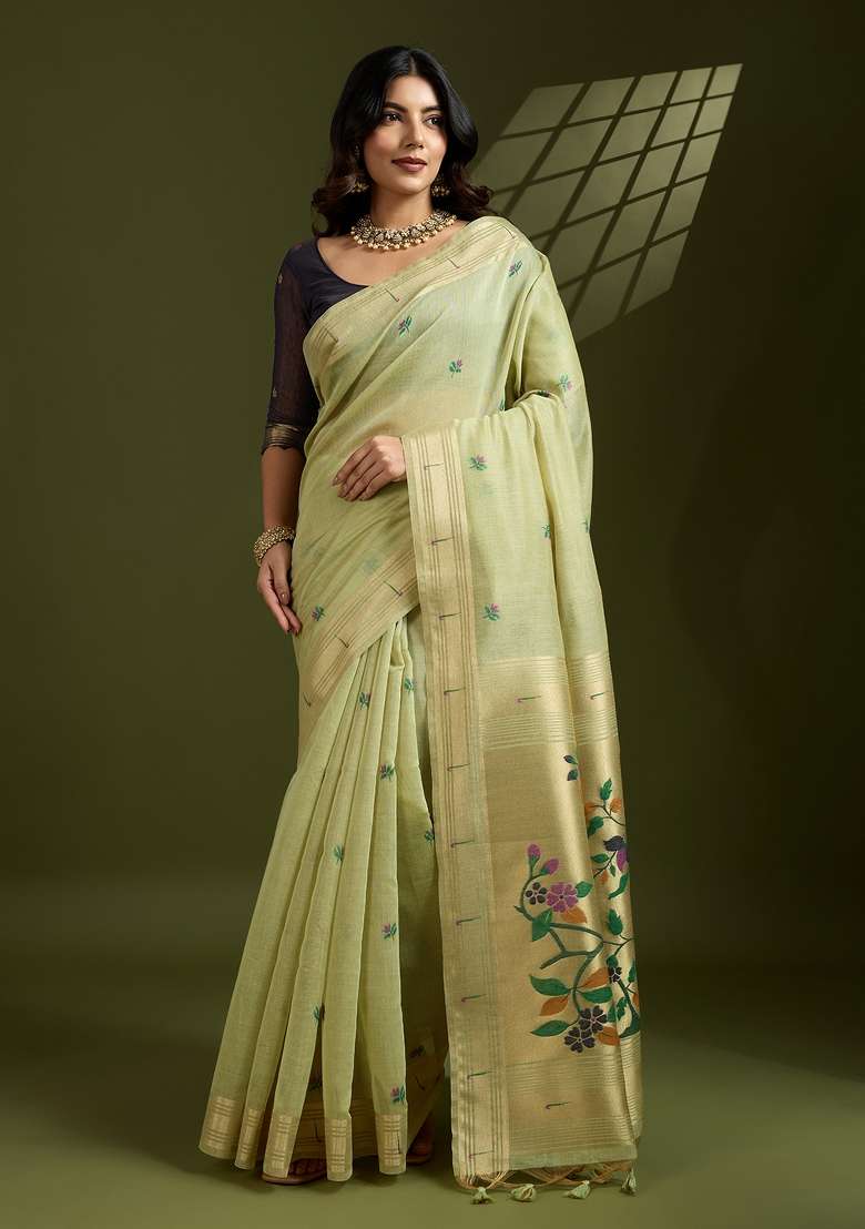 Green Woven Art Silk Saree Set for Diwali and Festive Wear - Indya