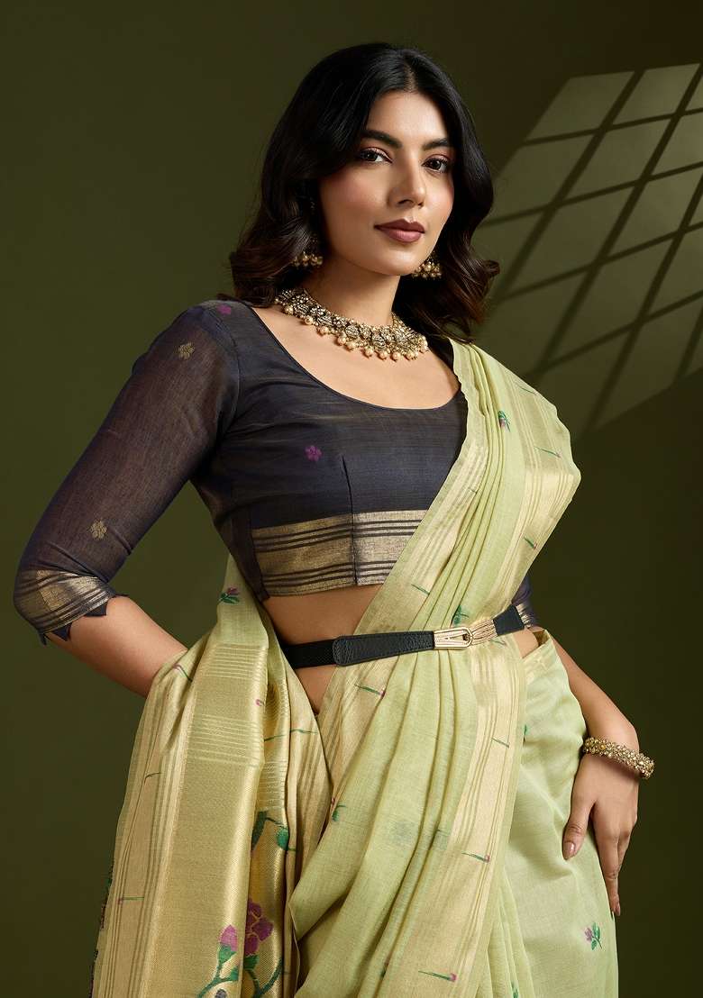 Green Woven Art Silk Saree Set for Diwali and Festive Wear - Indya