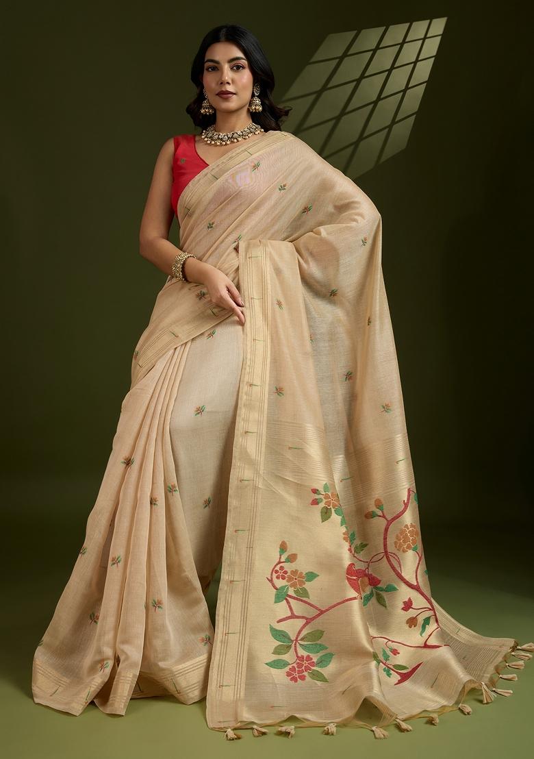 Beige Woven Art Silk Saree Set - Indya