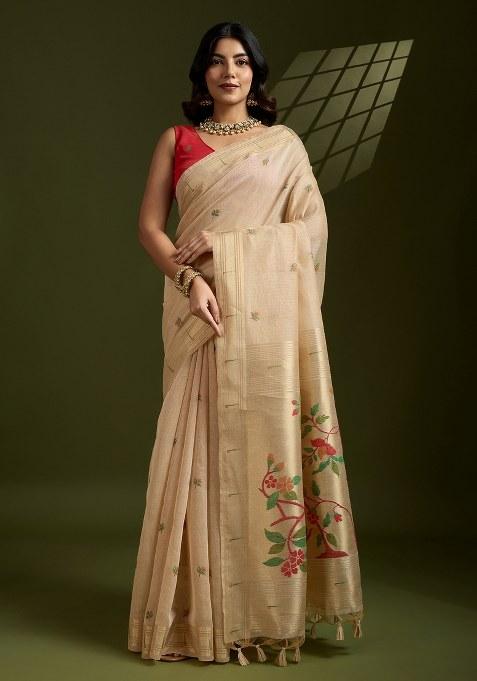 Beige Woven Art Silk Saree Set