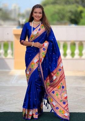 Blue Woven Faux Paithani Silk Saree Set
