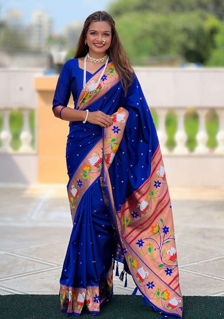 Blue Woven Faux Paithani Silk Saree Set for Diwali | Wedding & Festive Wear - Indya