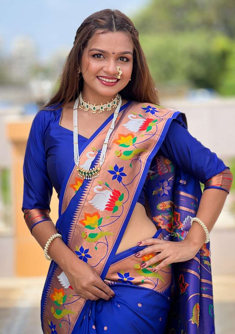 Blue Woven Faux Paithani Silk Saree Set for Diwali | Wedding & Festive Wear - Indya