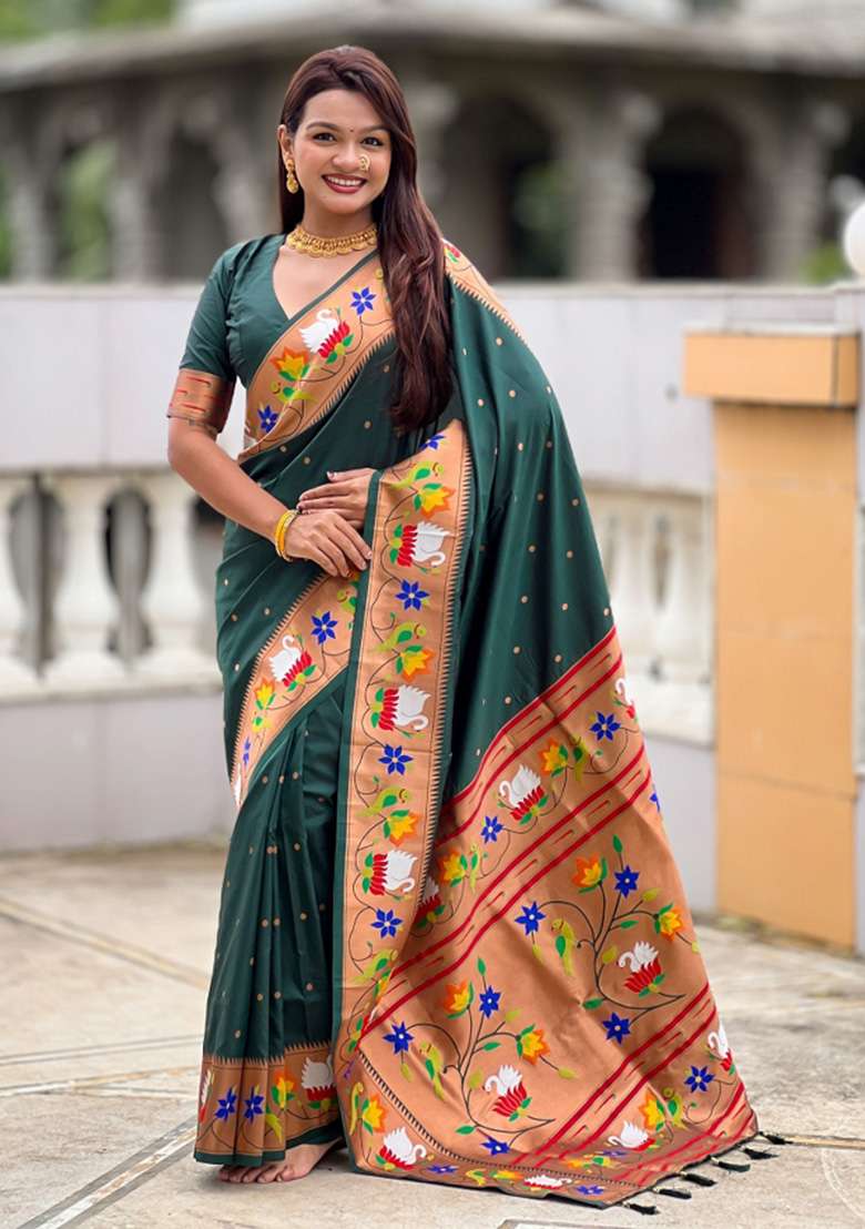 Green Woven Faux Paithani Silk Saree Set for Diwali | Wedding & Festive Wear - Indya
