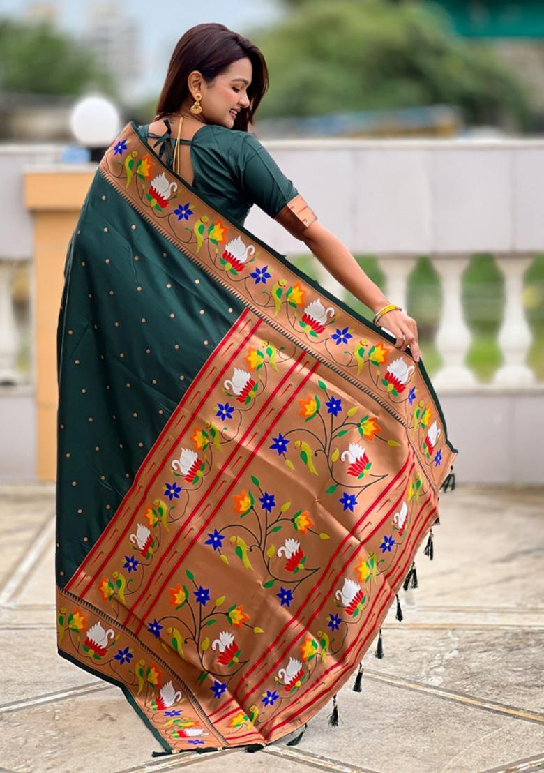 Green Woven Faux Paithani Silk Saree Set - Indya