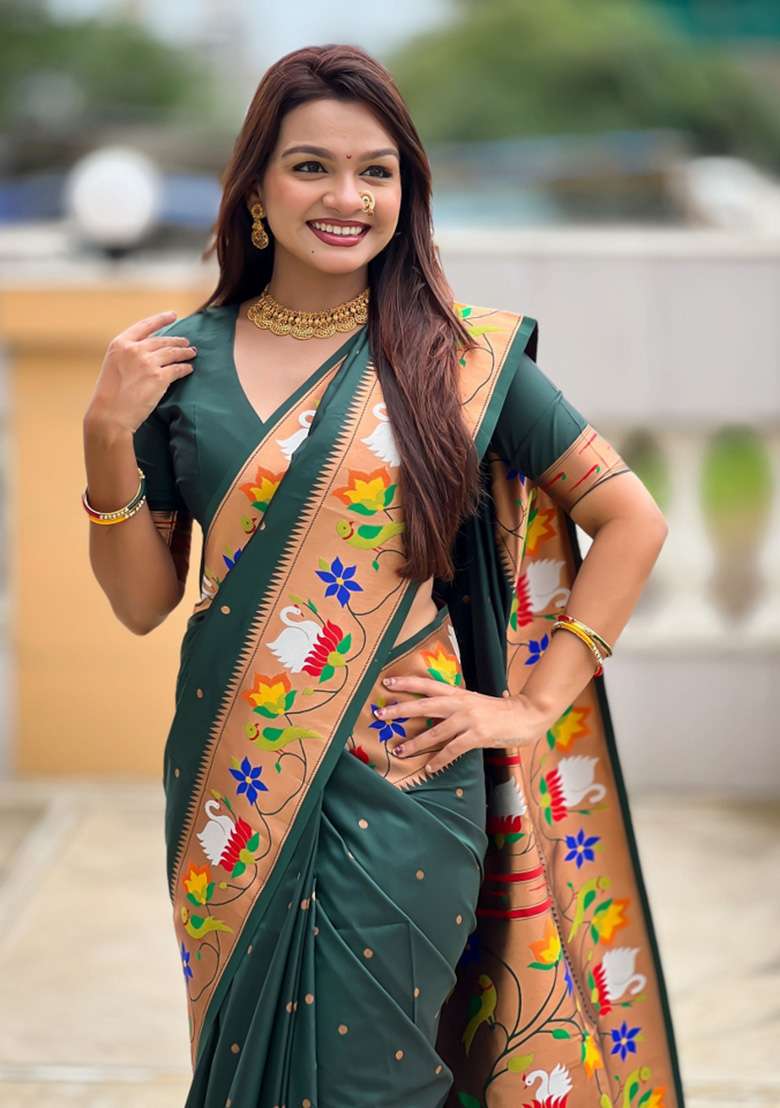 Green Woven Faux Paithani Silk Saree Set for Diwali | Wedding & Festive Wear - Indya