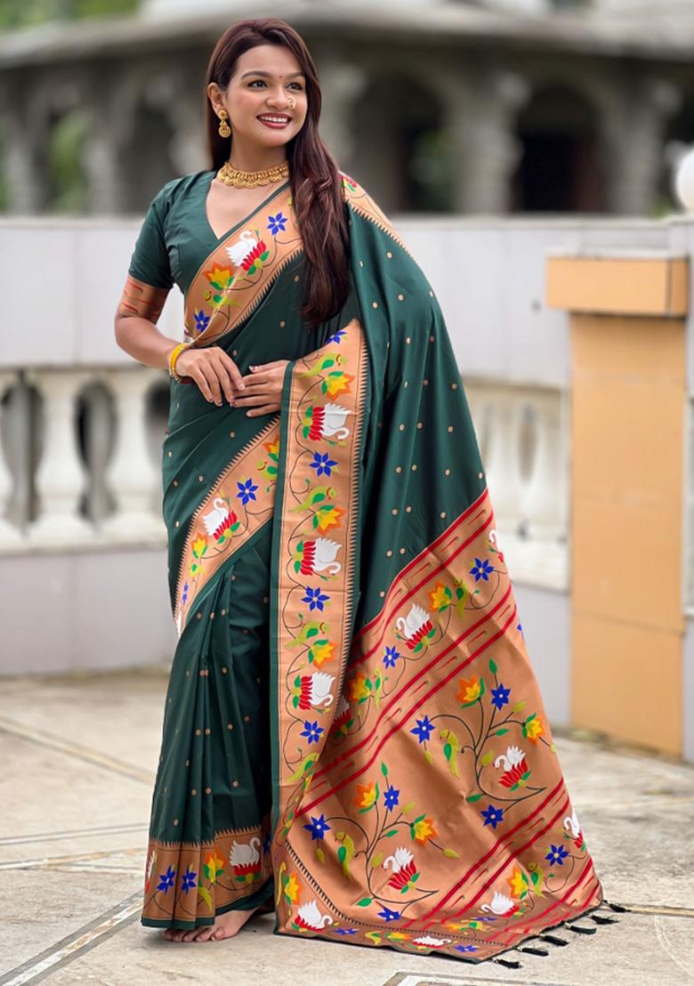 Green Woven Faux Paithani Silk Saree Set - Indya