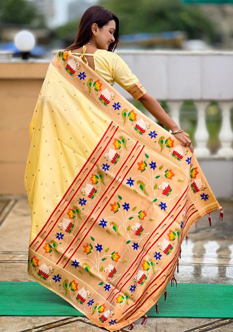 Cream Woven Faux Paithani Silk Saree Set - Indya